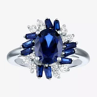 Womens Lab Created Blue Sapphire Sterling Silver Oval Cluster Halo Cocktail Ring