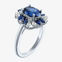 Womens Lab Created Blue Sapphire Sterling Silver Oval Cluster Halo Cocktail Ring