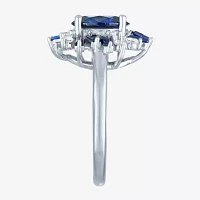 Womens Lab Created Blue Sapphire Sterling Silver Oval Cluster Halo Cocktail Ring