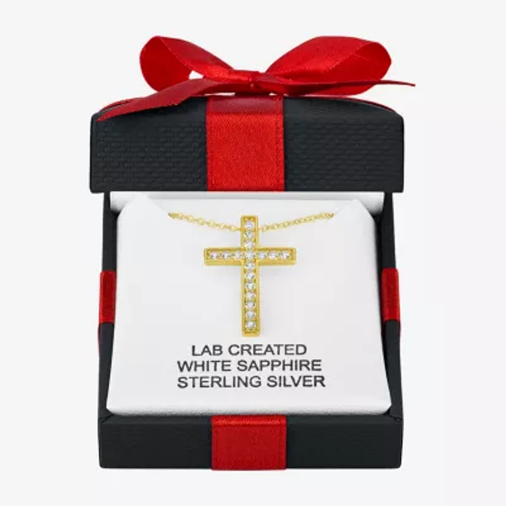 Yes, Please! Womens Lab Created White Sapphire 14K Gold Over Silver Cross Pendant Necklace