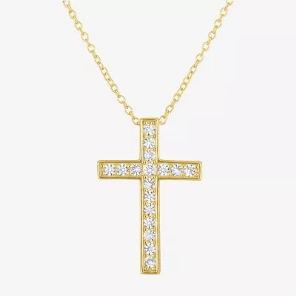 Yes, Please! Womens Lab Created White Sapphire 14K Gold Over Silver Cross Pendant Necklace