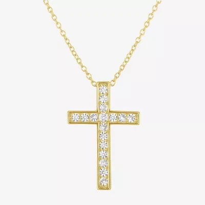 Yes, Please! Womens Lab Created White Sapphire 14K Gold Over Silver Cross Pendant Necklace