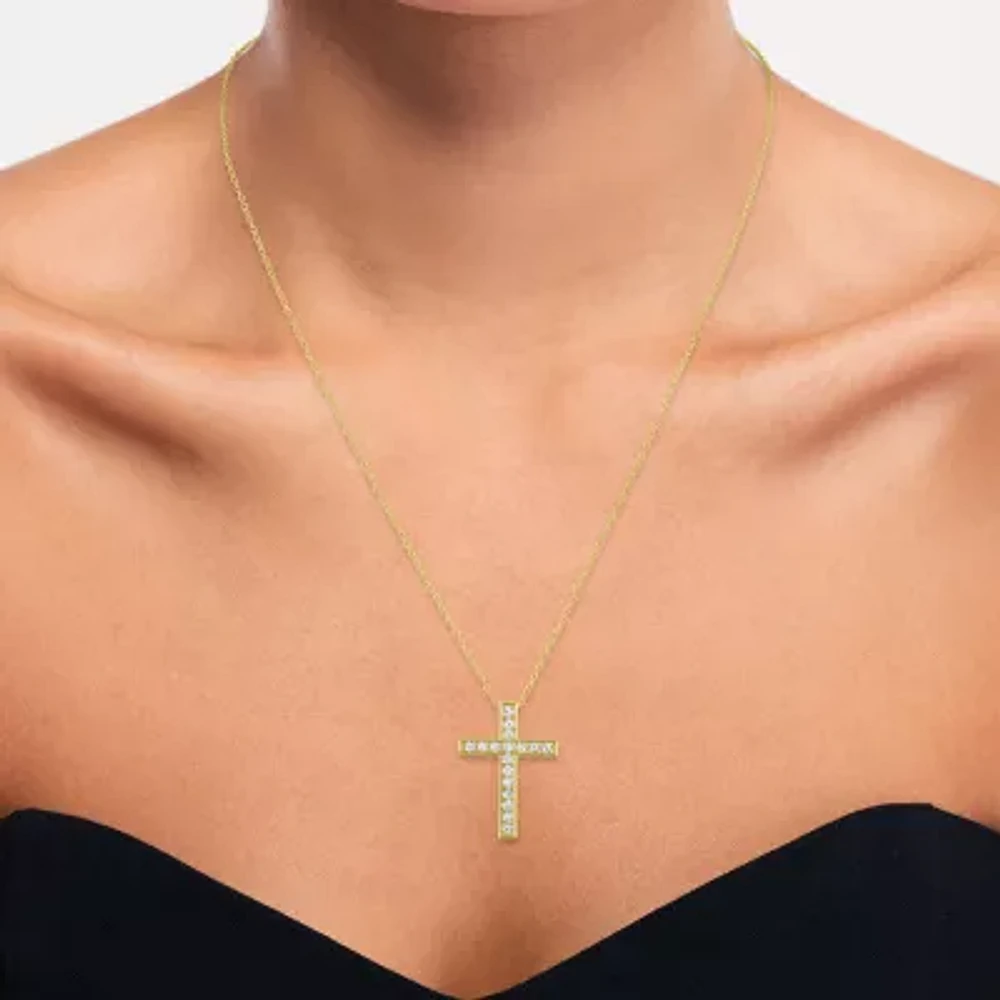Yes, Please! Womens Lab Created White Sapphire 14K Gold Over Silver Cross Pendant Necklace