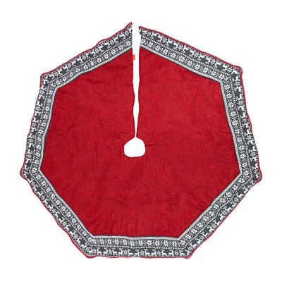 50'' Red Heptagon with Gray and White Snowflakes & Reindeer Knit Border Christmas Tree Skirt