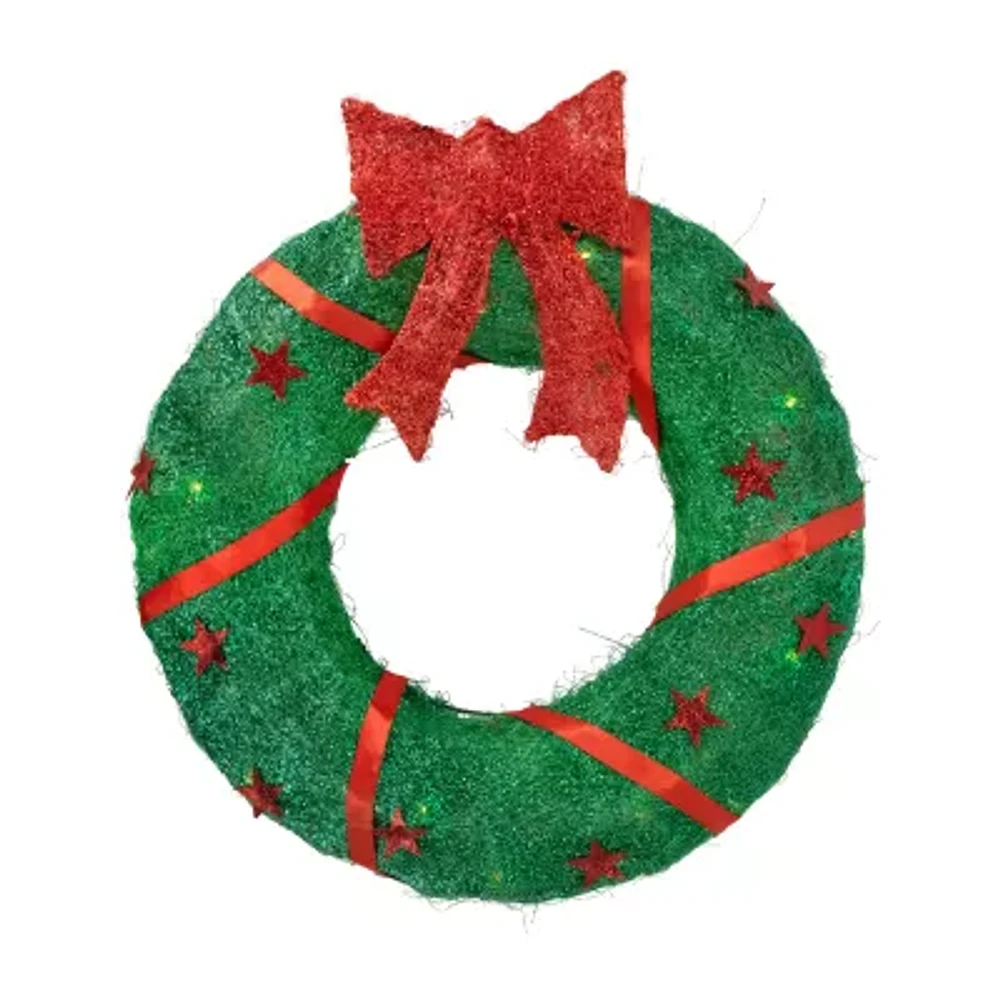 18'' Lighted Sisal Wreath with Stars and Bow Christmas Outdoor Decoration