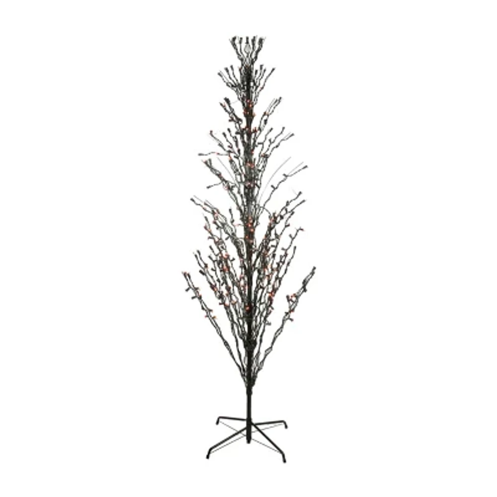 6' Pre-Lit Black Cascade Outdoor Halloween Twig Tree Orange Lights