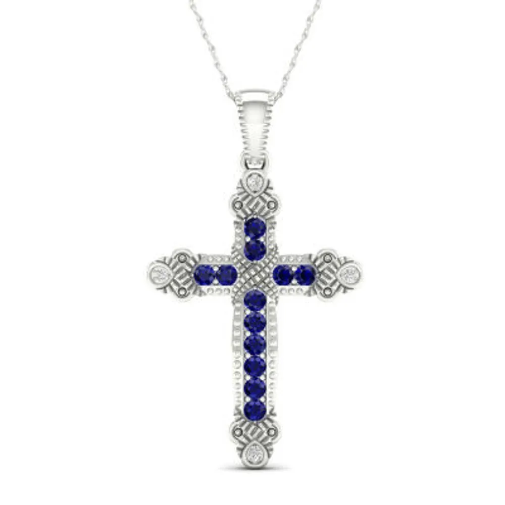 Womens Genuine Blue Sapphire 10K White Gold Cross Pendant Necklace