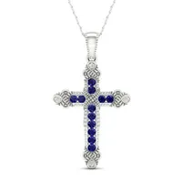 Womens Genuine Blue Sapphire 10K Gold Cross Pendant Necklace