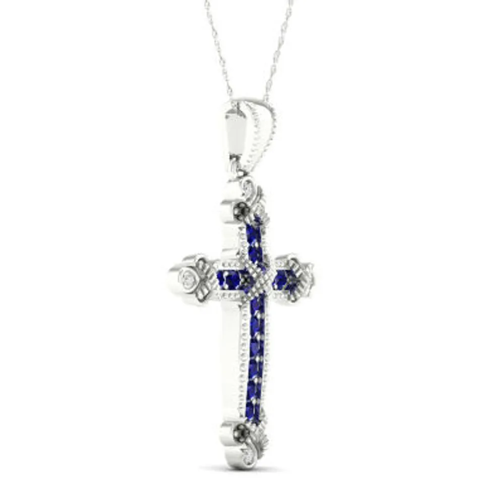 Womens Genuine Blue Sapphire 10K White Gold Cross Pendant Necklace