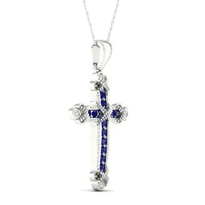 Womens Genuine Blue Sapphire 10K White Gold Cross Pendant Necklace