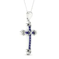 Womens Genuine Blue Sapphire 10K Gold Cross Pendant Necklace