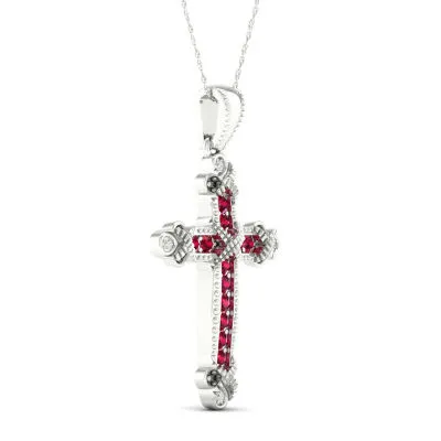 Womens Lead Glass-Filled Red Ruby 10K Gold Cross Pendant Necklace