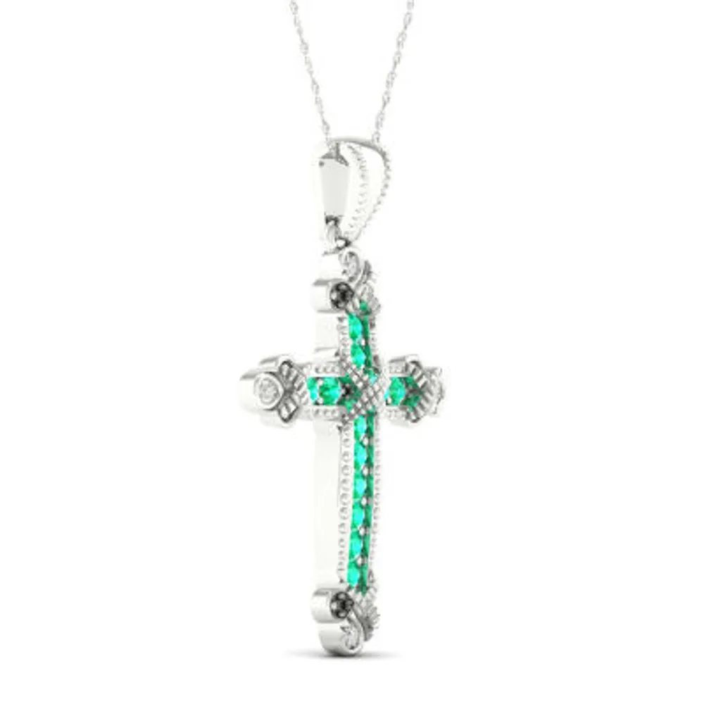 Womens Genuine Green Emerald 10K Gold Cross Pendant Necklace