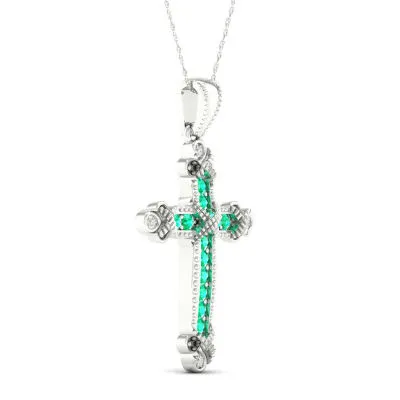 Womens Genuine Green Emerald 10K Gold Cross Pendant Necklace