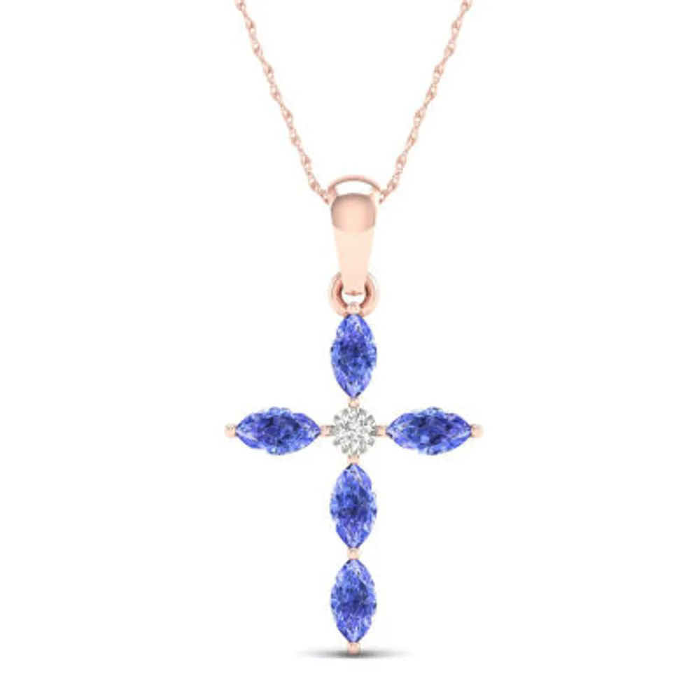 Womens Diamond Accent Genuine Blue Tanzanite 10K Rose Gold Cross Pendant Necklace