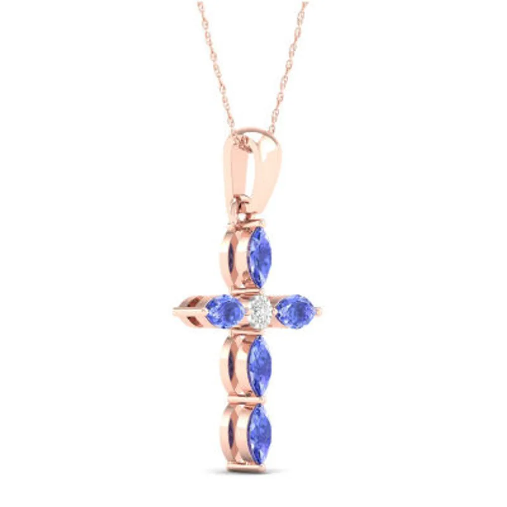 Womens Diamond Accent Genuine Blue Tanzanite 10K Rose Gold Cross Pendant Necklace