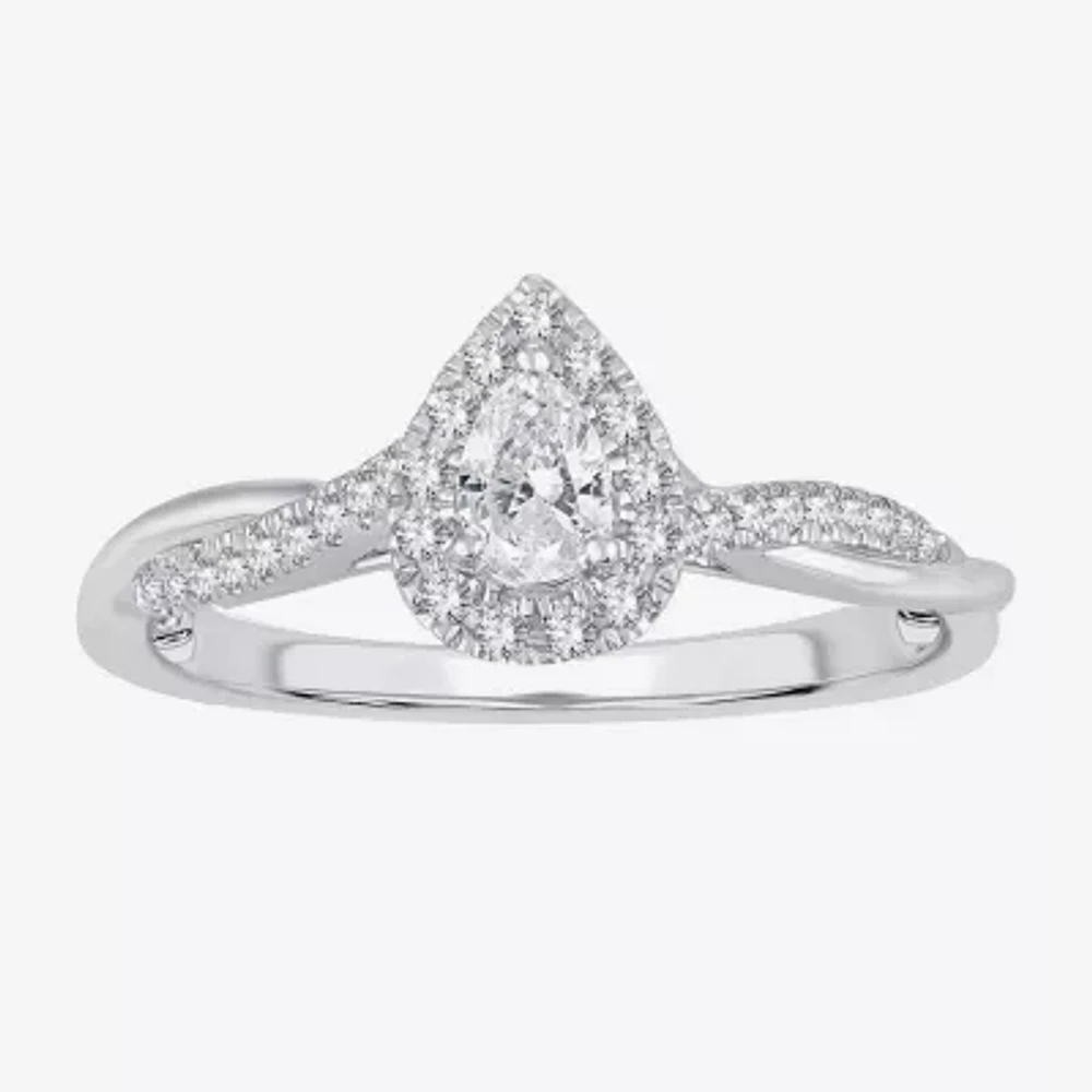 Womens 1/3 CT. T.W. Natural White Diamond 10K Gold Pear Halo Engagement Ring