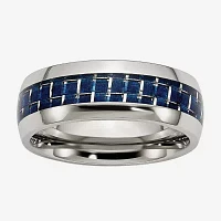 Mens 8mm Stainless Steel & Blue Carbon Fiber Inlay Wedding Band