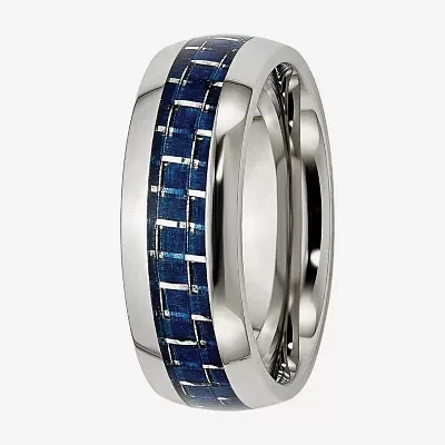 Mens 8mm Stainless Steel & Blue Carbon Fiber Inlay Wedding Band