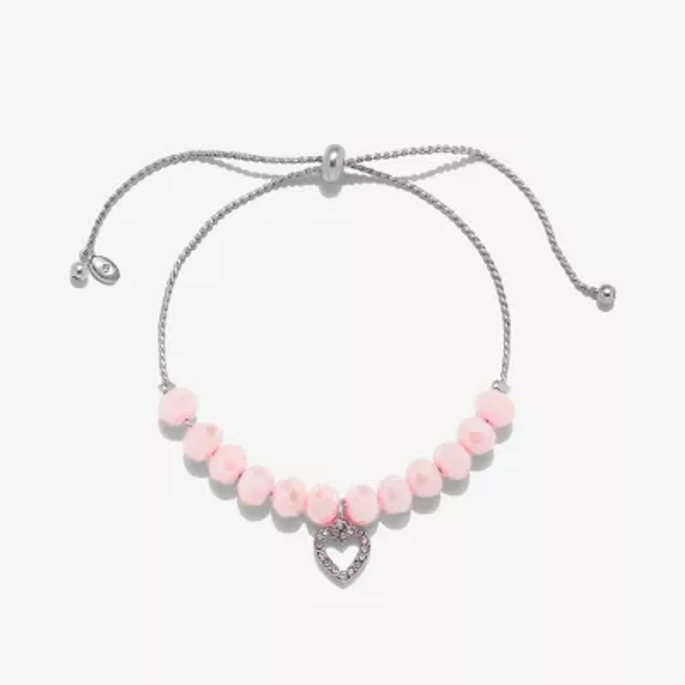 Bijoux Bar Silver Tone & Pink Beaded Charm Link Heart Bolo Bracelet