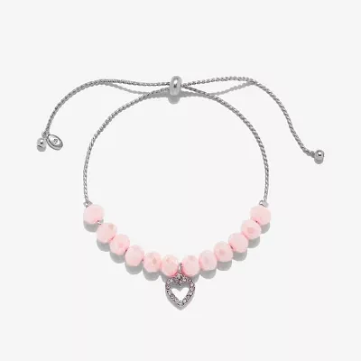 Bijoux Bar Silver Tone & Pink Beaded Charm Link Heart Bolo Bracelet