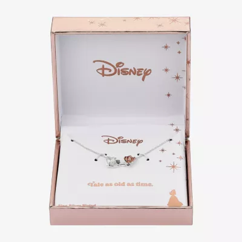 Disney Classics Cubic Zirconia Pure Silver Over Brass 16 Inch Cable Flower Beauty and the Beast Pendant Necklace