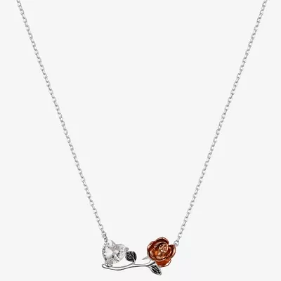 Disney Classics Womens Cubic Zirconia Pure Silver Over Brass Flower 16 Inch Pendant Necklace