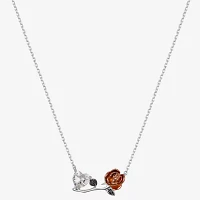 Disney Classics Cubic Zirconia Pure Silver Over Brass 16 Inch Cable Flower Beauty and the Beast Pendant Necklace