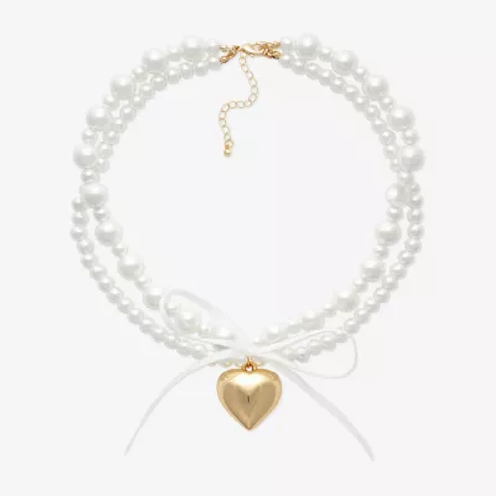 Bijoux Bar Simulated Pearl 15 Inch Bead Bow Heart Collar Necklace