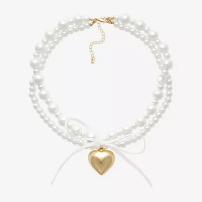 Bijoux Bar Simulated Pearl 15 Inch Bead Bow Heart Collar Necklace