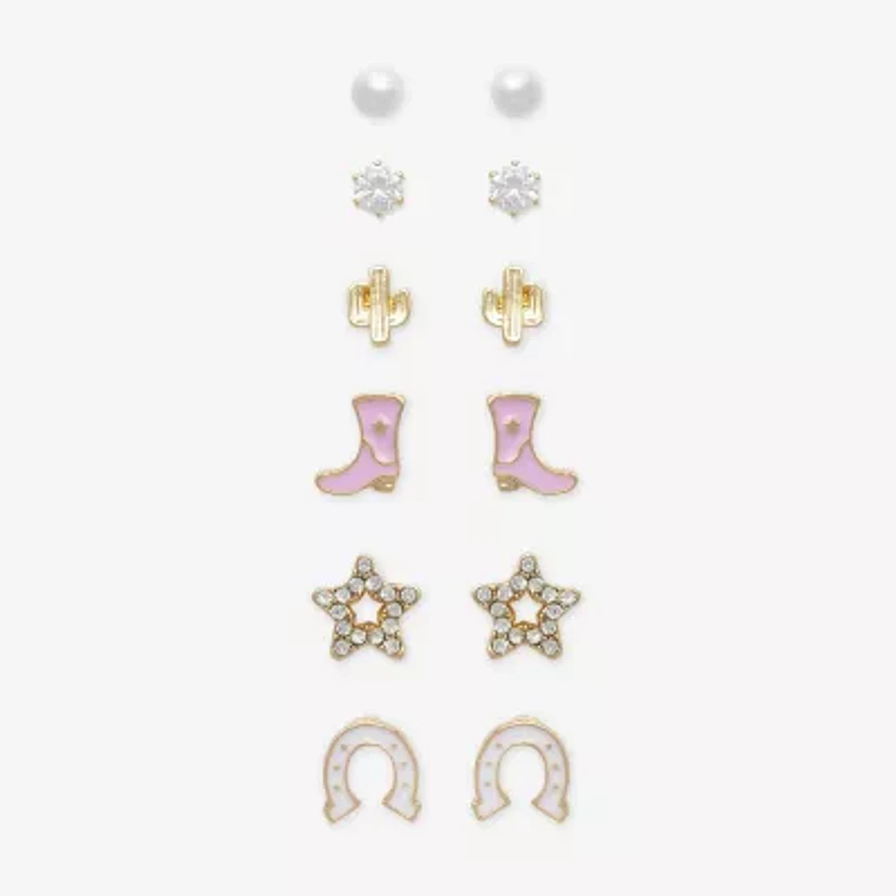 Mixit Gold Tone Cowboy Boot 6 Pair Cubic Zirconia Simulated Pearl Star Earring Set