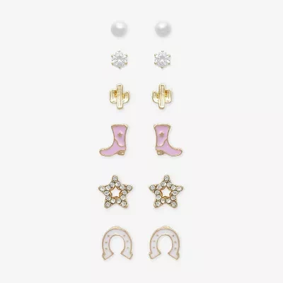 Mixit Gold Tone Cowboy Boot 6 Pair Cubic Zirconia Simulated Pearl Star Earring Set