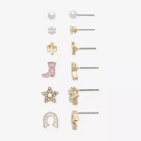 Mixit Gold Tone Cowboy Boot 6 Pair Cubic Zirconia Simulated Pearl Star Earring Set