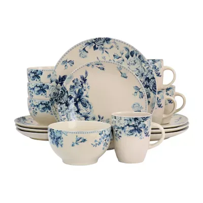 Elama Blue- Rose 16-pc. Stoneware Dinnerware Set