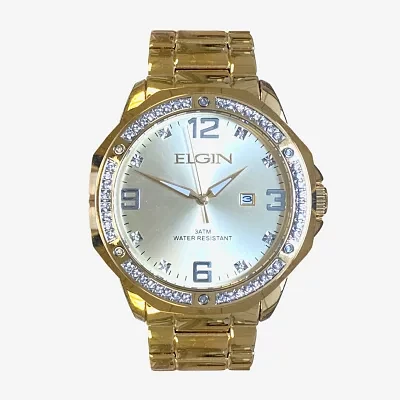 Elgin Mens Crystal Accent Gold Tone Bracelet Watch Fg180011