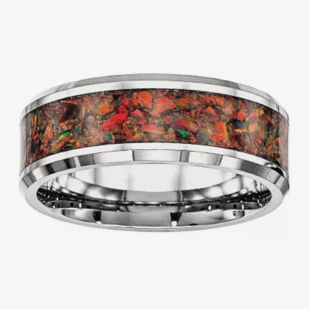 Mens Simulated Red Opal Stainless Steel Wedding Band