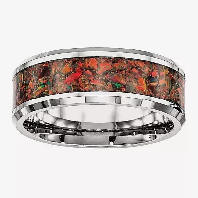 Mens Simulated Red Opal Stainless Steel Wedding Band
