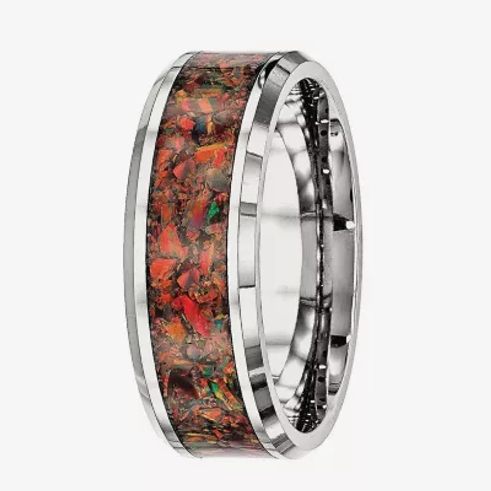 Mens Simulated Opal Stainless Steel Wedding Band