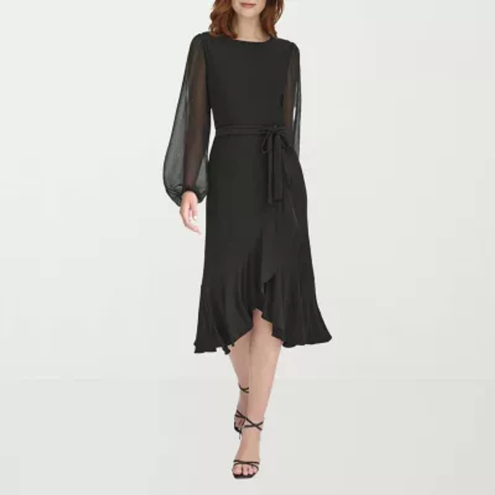 Marc New York Womens Long Sleeve Midi Fit + Flare Dress