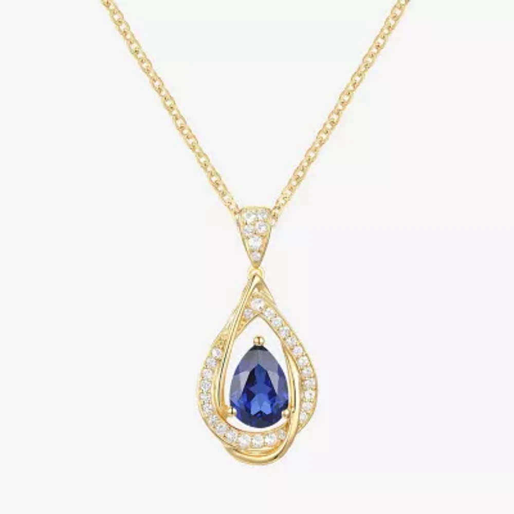 Womens Lab Created Blue Sapphire 14K Gold Over Silver Pear Pendant Necklace