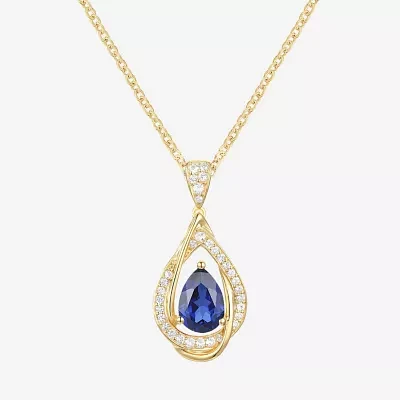 Womens Lab Created Blue Sapphire 14K Gold Over Silver Pear Pendant Necklace