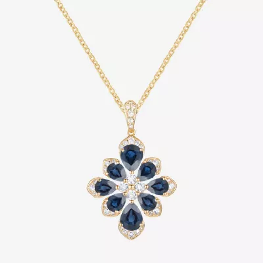 Womens Lab Created Blue Sapphire 14K Gold Over Silver Flower Pendant Necklace