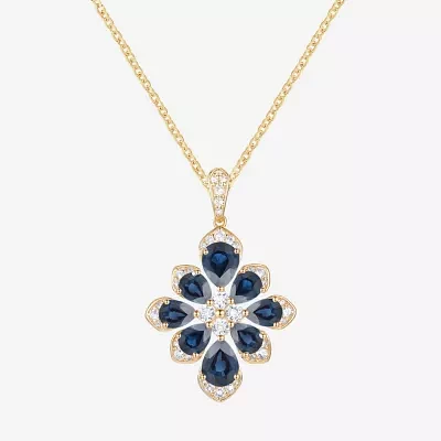 Womens Lab Created Blue Sapphire 14K Gold Over Silver Flower Pendant Necklace