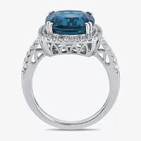 Womens Genuine Blue Topaz Sterling Silver Cushion Halo Side Stone Cocktail Ring