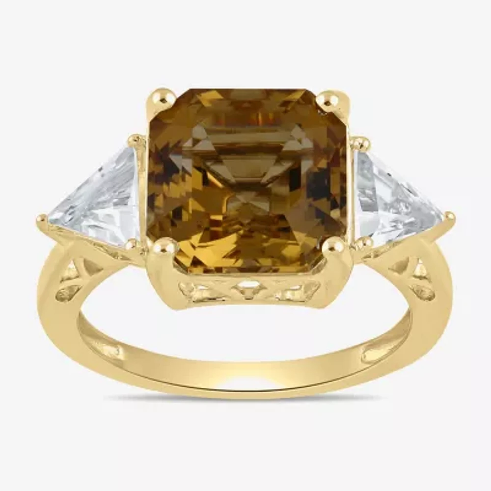 Womens Genuine Yellow Citrine 14K Gold Over Silver Side Stone Cocktail Ring