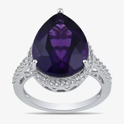 Womens Lab Created Purple Amethyst Sterling Silver Pear Halo Side Stone Cocktail Ring