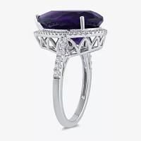 Womens Lab Created Purple Amethyst Sterling Silver Pear Halo Side Stone Cocktail Ring