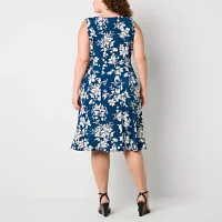 Perceptions Womens Sleeveless Floral Midi Fit + Flare Dress Plus