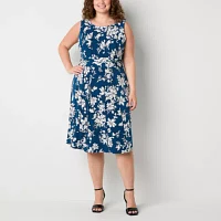 Perceptions Womens Sleeveless Floral Midi Fit + Flare Dress Plus