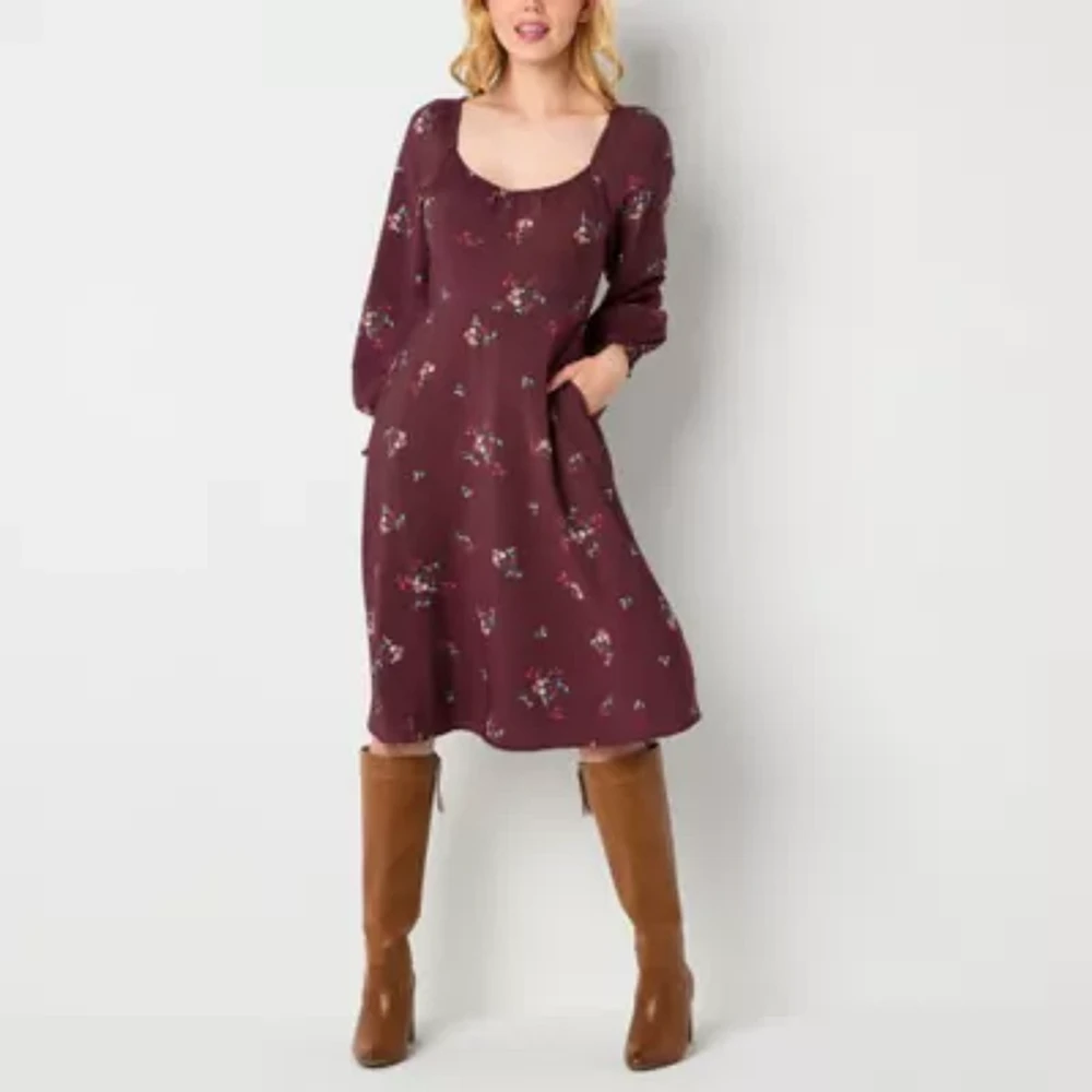 a.n.a Womens Long Sleeve Floral Midi A-Line Dress